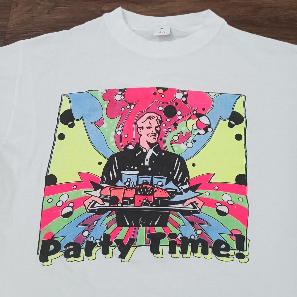 Vintage Party Time Graphic T-Shirt White Psychedelic Pop Art Retro 90s Mens XS